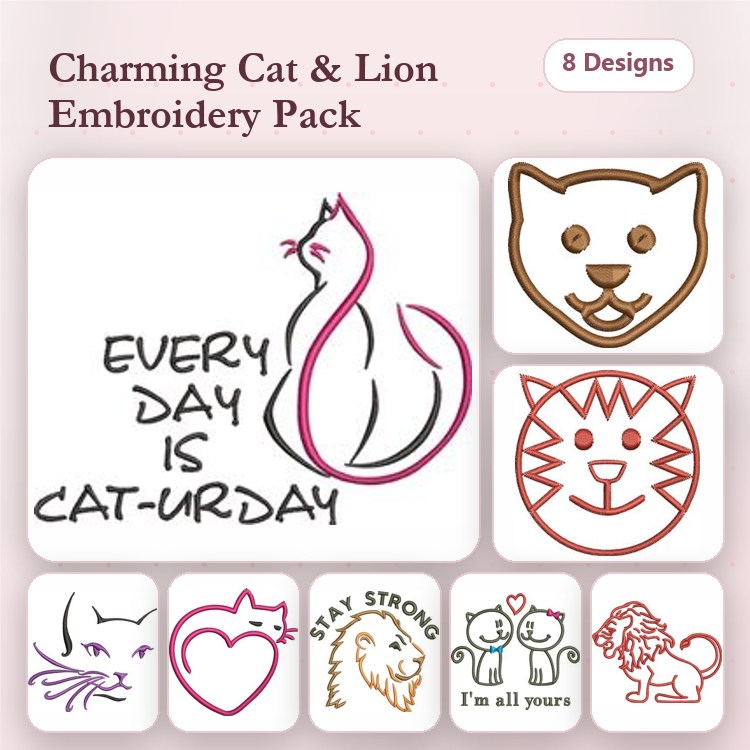 Redwork Cats & Lions Embroidery Designs Bundle – Cat Silhouette with Text, Lion Face, Stay Strong Cat Design & More (8 Designs)