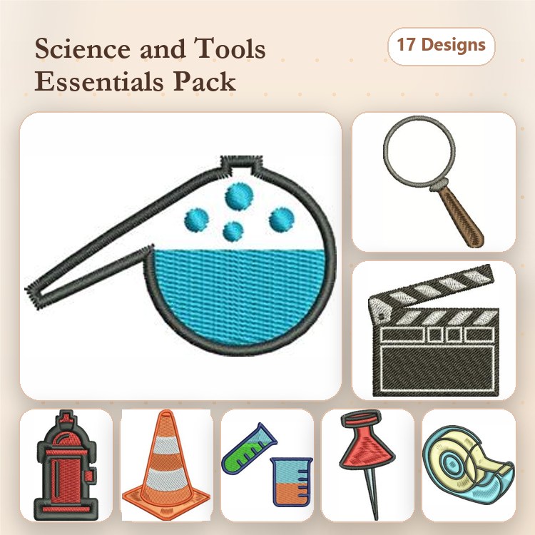 Science and Tools Embroidery Designs Bundle – Beaker, Magnifying Glass, Clapperboard & More (17 Designs)