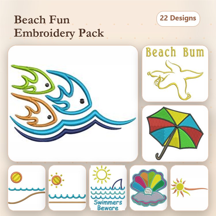 Beach Embroidery Bundle – Fish with Waves, Seagull, Beach Bum & More (22 Designs)
