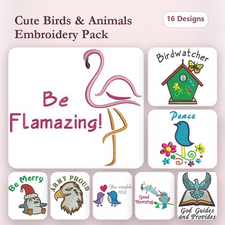 Birds and Animals Embroidery Bundle – Flamingo, Birdwatcher, Peace Bird & More (16 Designs)