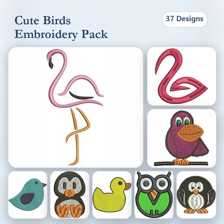 Cute Birds Embroidery Designs Bundle – Flamingo, Blue Bird, Penguin, Duck & More (37 Designs)