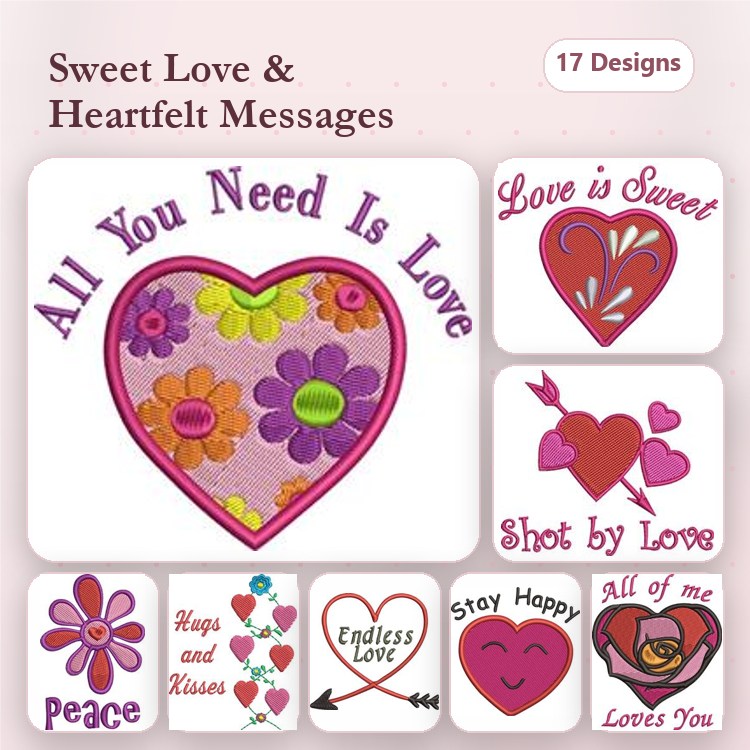 Love & Heartfelt Messages Embroidery Designs Bundle – All You Need Is Love, Hugs and Kisses & More (17 Designs)