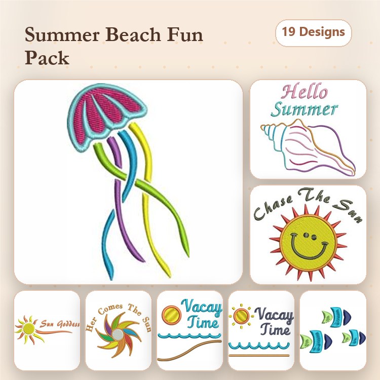 Beach & Summer Embroidery Designs Bundle – Jellyfish, Seashell, Sun with Smile & More (19 Designs)