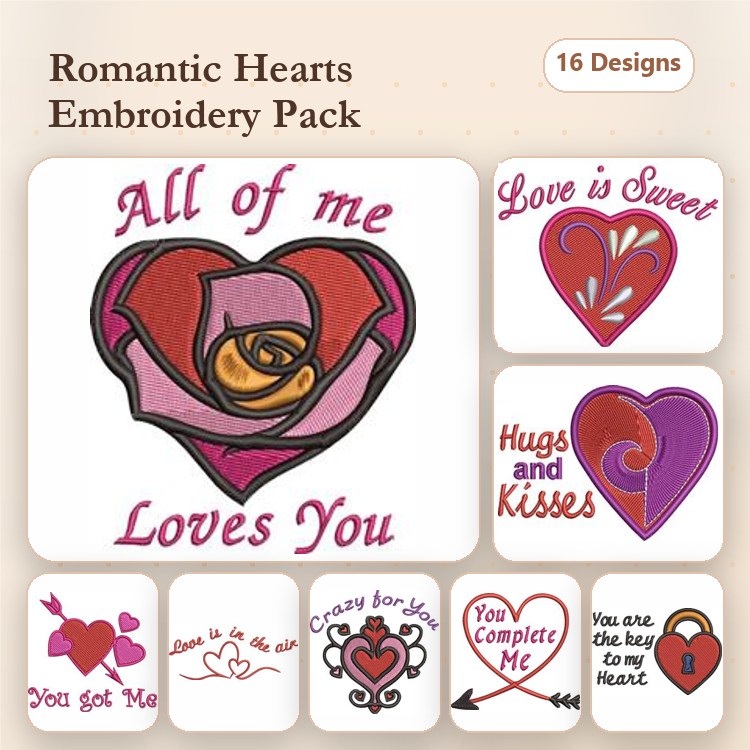 Romantic Heart Embroidery Designs Bundle – All of me Loves You, Love is Sweet, Hugs and Kisses & More (16 Designs)
