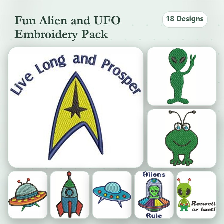 Aliens & UFOs Embroidery Designs Bundle – Live Long and Prosper, Green Alien, Bug Eyed Alien & More (18 Designs)