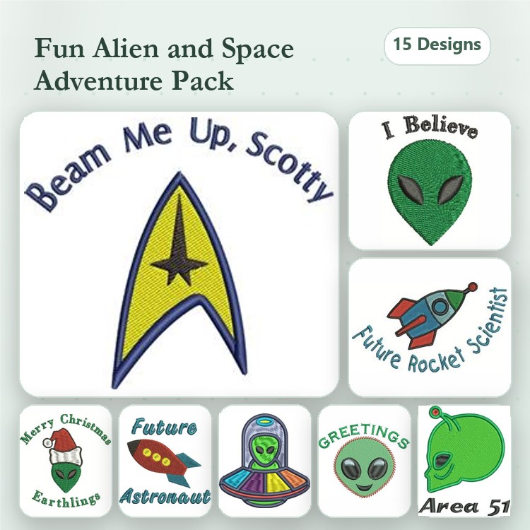 Alien and Space Embroidery Designs Bundle – Starfleet Insignia, Rocket Ship, Merry Christmas Earthlings & More (15 Designs)