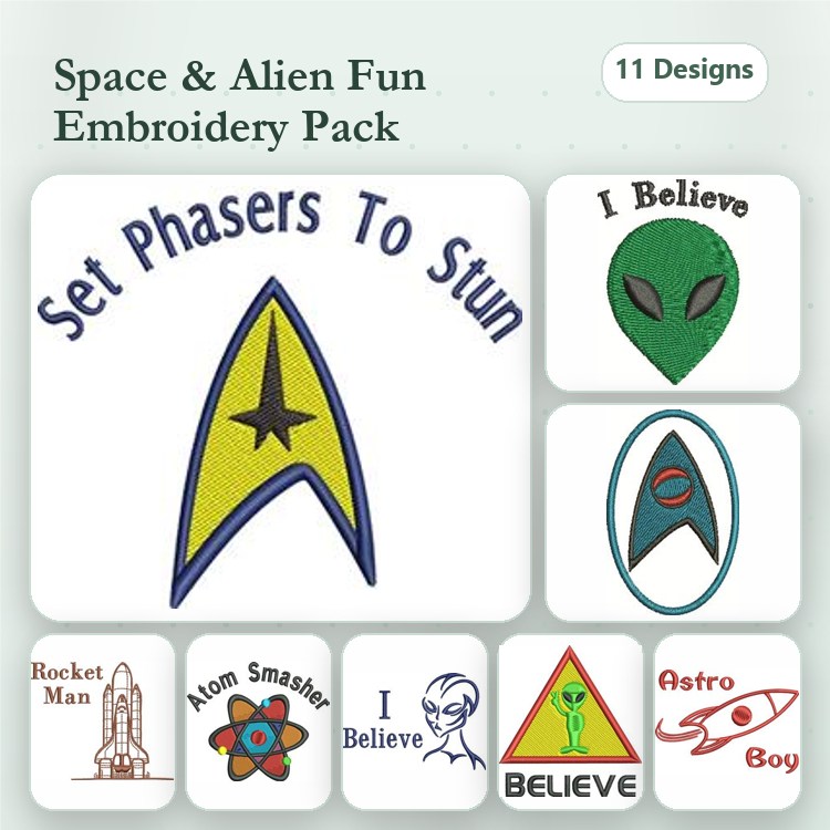 Space and Alien Embroidery Designs Bundle – Starfleet Insignia, Alien Face, Rocket Man & More (11 Designs)