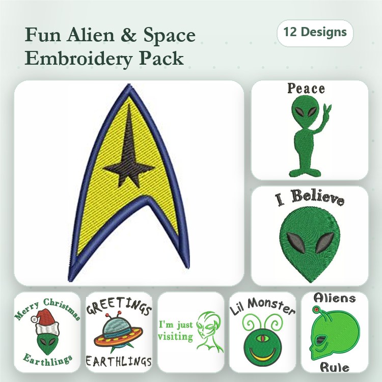 Alien & Space Embroidery Designs Bundle – Starfleet Emblem, Peace Alien, Merry Christmas Earthlings & More (12 Designs)