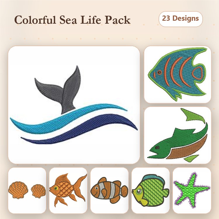Colorful Sea Life Embroidery Designs Bundle – Whale Tail, Blue Fish, Goldfish & More (23 Designs)