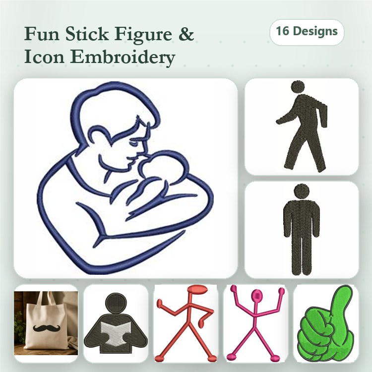 Stick Figures and Icons Embroidery Designs Bundle – Father with Baby, Stick Figure Walking, Thumbs Up Icon & More (16 Designs)