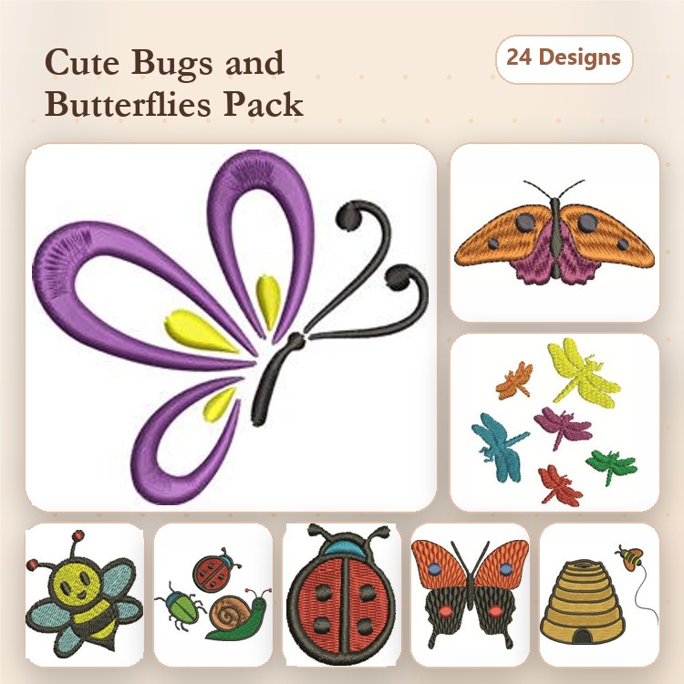 Cute Bugs & Butterflies Embroidery Designs Bundle – Butterfly with Purple Wings, Monarch Butterfly, Bee & More (24 Designs)