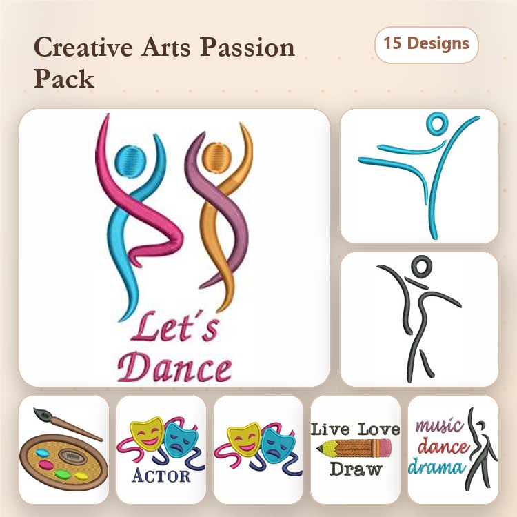 Arts and Dance Embroidery Designs Bundle – Let's Dance, Dancing Figures, Art Palette & More (15 Designs)