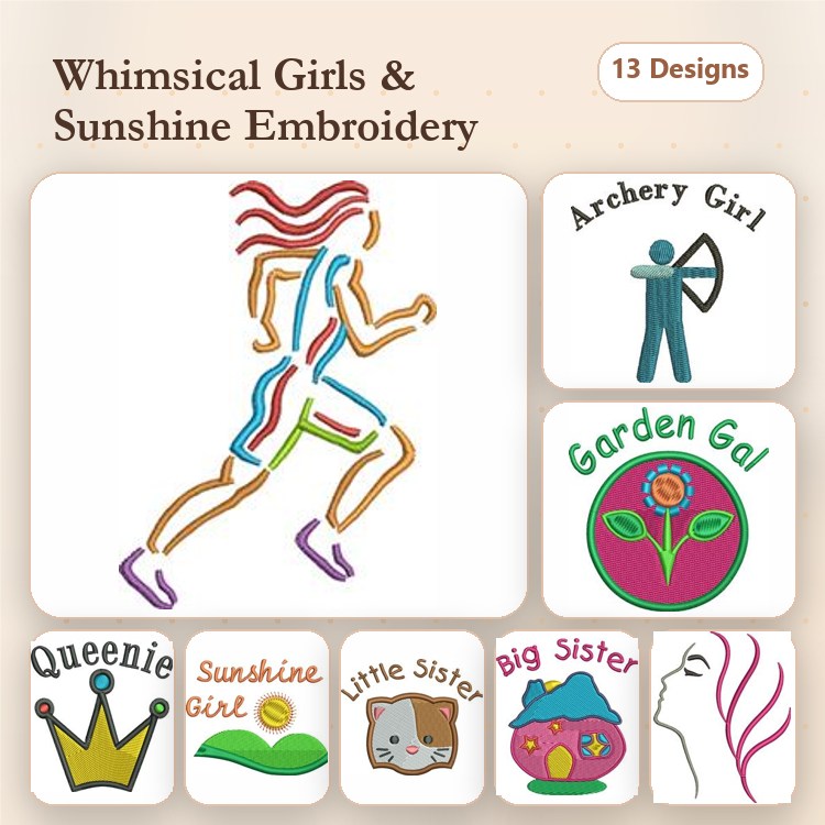 Whimsical Girls Embroidery Designs Bundle – Archery Girl, Garden Gal, Sunshine Girl & More (13 Designs)