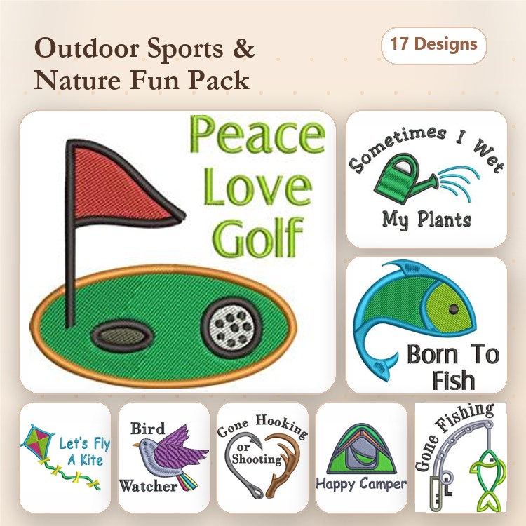 Outdoor Sports & Nature Embroidery Designs Bundle – Peace Love Golf, Born To Fish, Happy Camper & More (17 Designs)