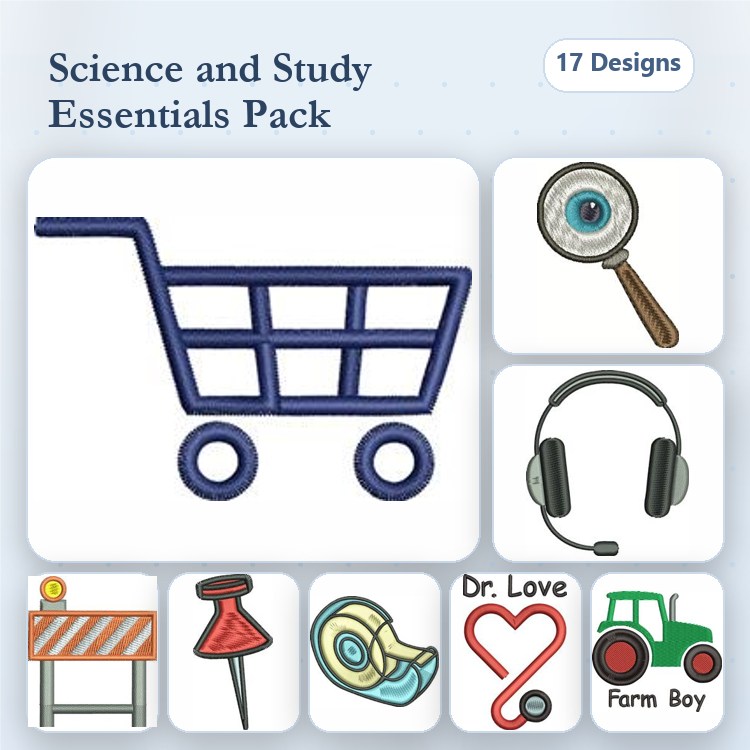 Science & Study Embroidery Designs Bundle – Shopping Cart, Magnifying Glass, Headphones & More (17 Designs)