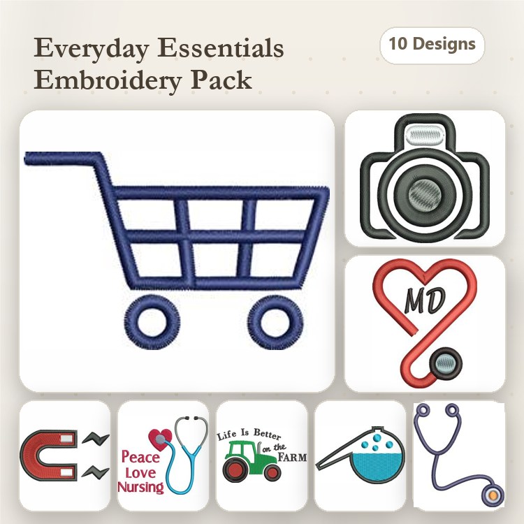 Everyday Essentials Embroidery Designs Bundle – Shopping Cart, Camera, Heart with MD & More (10 Designs)