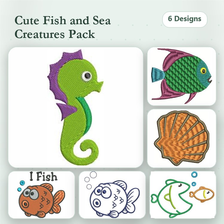 Cute Fish and Sea Creatures Embroidery Bundle – Seahorse, Fish with Scales, Shell & More (6 Designs)