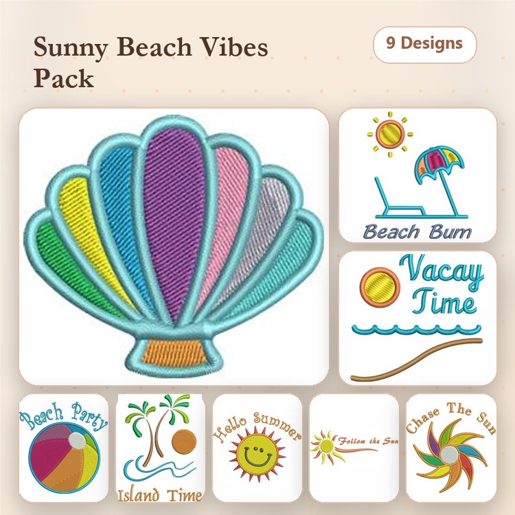 Beach and Vacation Embroidery Designs Bundle – Shell, Beach Bum, Vacay Time & More (9 Designs)