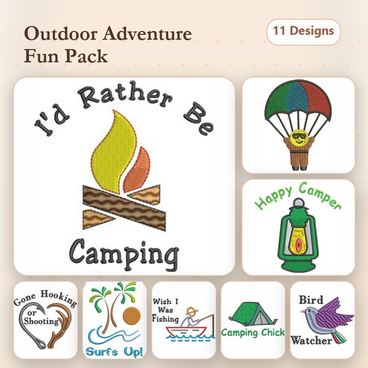 Outdoor Adventure Embroidery Designs Bundle – I'd Rather Be Camping, Hot Air Balloon, Campfire & More (11 Designs)