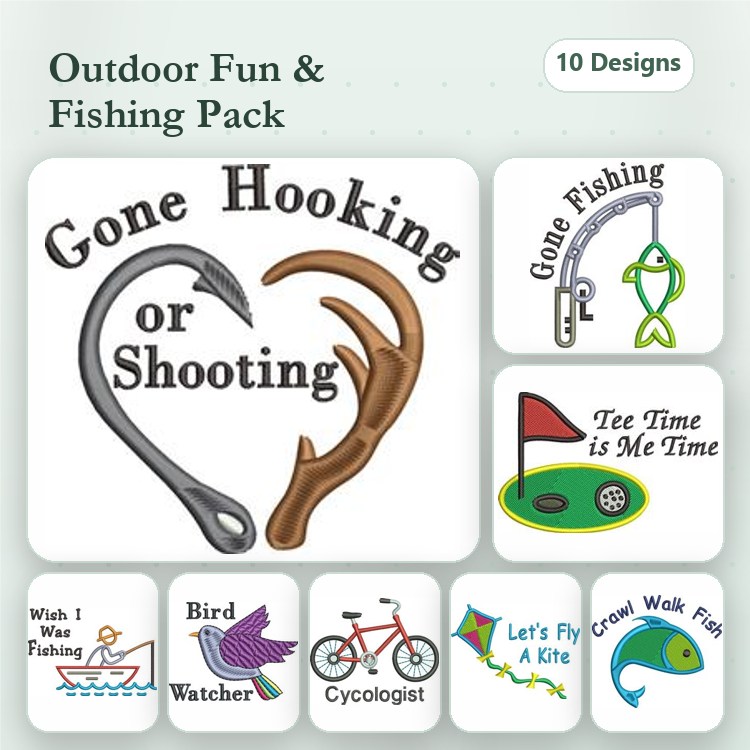 Outdoor Activities Embroidery Designs Bundle – Gone Fishing, Kite Flying, Bird Watching & More (10 Designs)