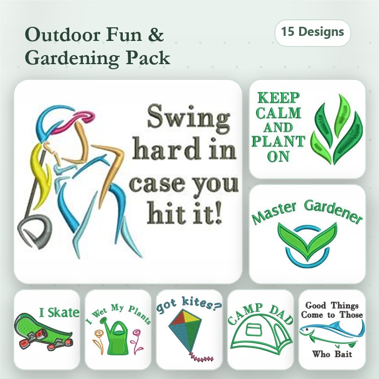 Outdoor Activities & Gardening Embroidery Designs Bundle – Keeps Calm and Plant On, Camp Dad, Got Kiter & More (15 Designs)
