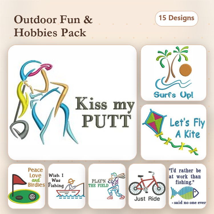Outdoor Activities Embroidery Designs Bundle – Kiss my PUTT, Surf's Up, Let's Fly A Kite & More (15 Designs)