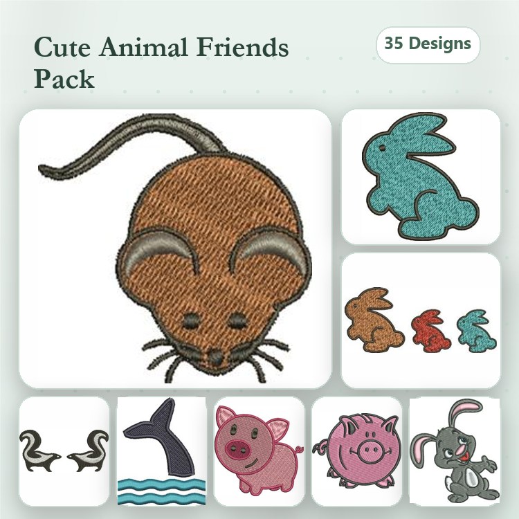 Cute Animal Embroidery Designs Bundle – Mouse, Rabbit, Pig, Elephant & More (35 Designs)