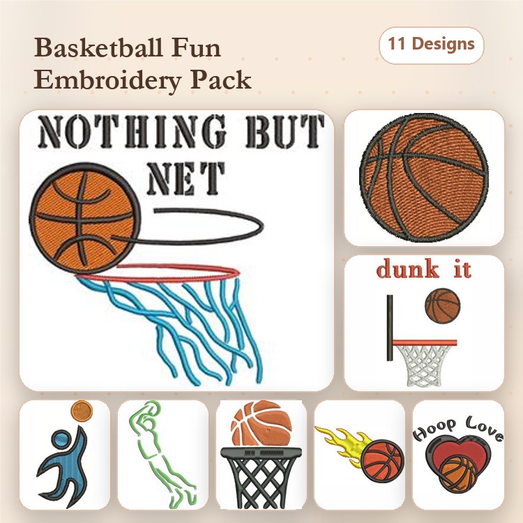 Basketball Embroidery Designs Bundle – Nothing But Net, Dunk It, Basketball Player & More (11 Designs)