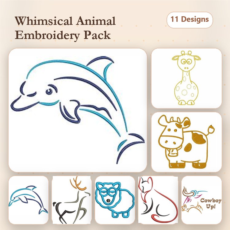 Whimsical Animals Embroidery Bundle – Dolphin, Giraffe, Cow & More (11 Designs)