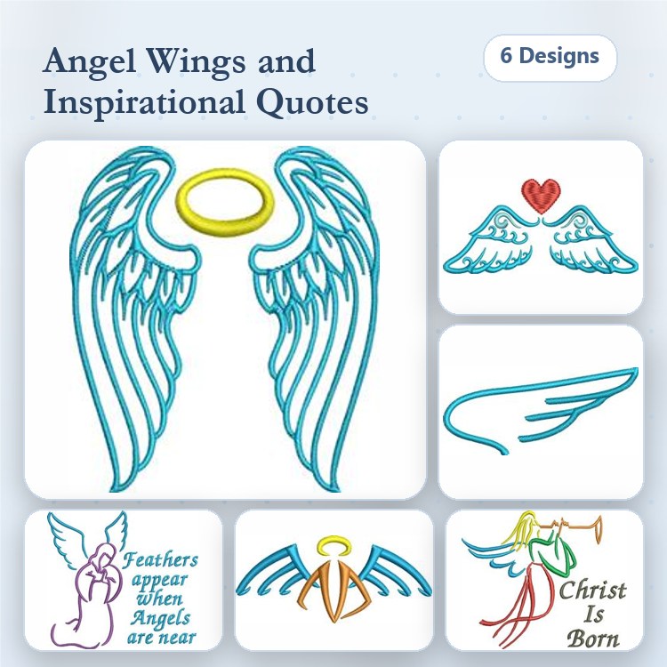 Angel Wings & Inspirational Quotes Embroidery Bundle – Heart with Angel Wings, Christ Is Born Quote & More (6 Designs)