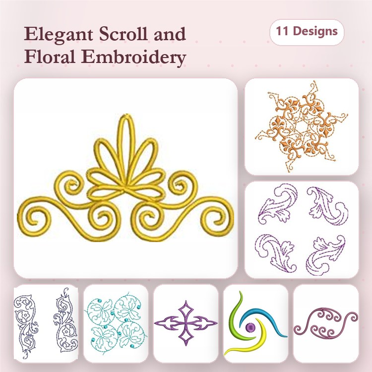 Elegant Scroll & Floral Embroidery Designs Bundle – Floral Scroll, Decorative Filigree, Swirling Floral Ornament & More (11 Designs)