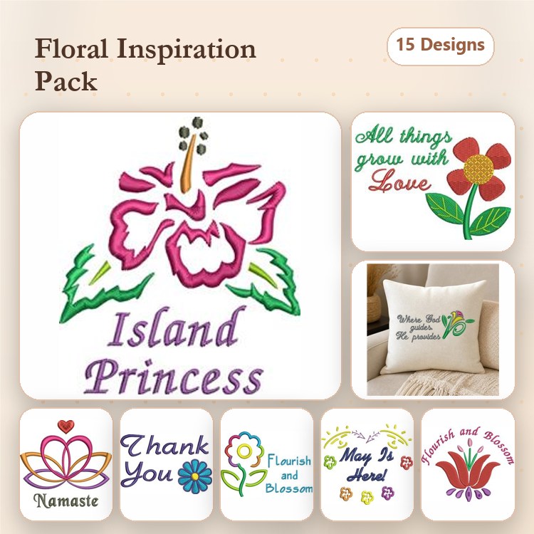 Floral Inspiration Embroidery Designs Bundle – Island Princess, Flourish and Blossom, Thank You & More (15 Designs)
