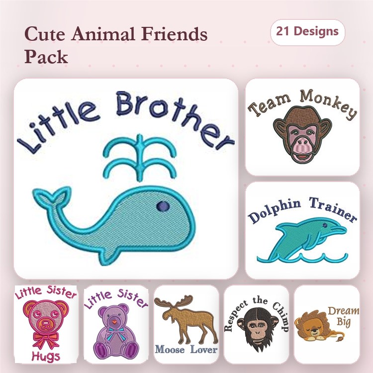 Cute Animal Friends Embroidery Bundle – Little Brother Whale, Team Monkey, Dolphin Trainer & More (21 Designs)