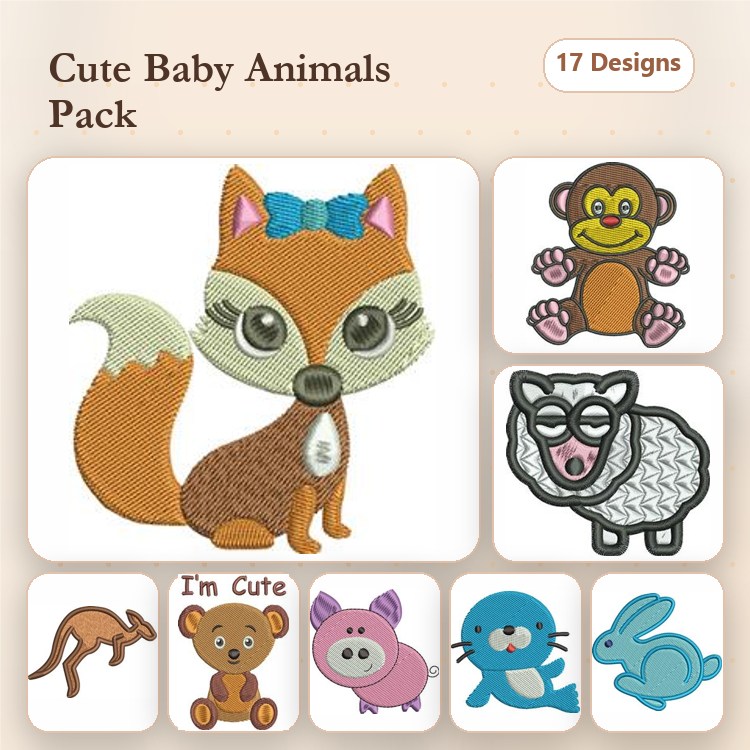 Cute Baby Animals Embroidery Bundle – Fox with Bow, Monkey, Sheep & More (17 Designs)