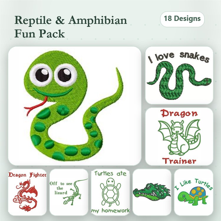 Reptile & Amphibian Embroidery Designs Bundle – Green Snake, Dragon Trainer, Turtles Ate My Homework & More (18 Designs)