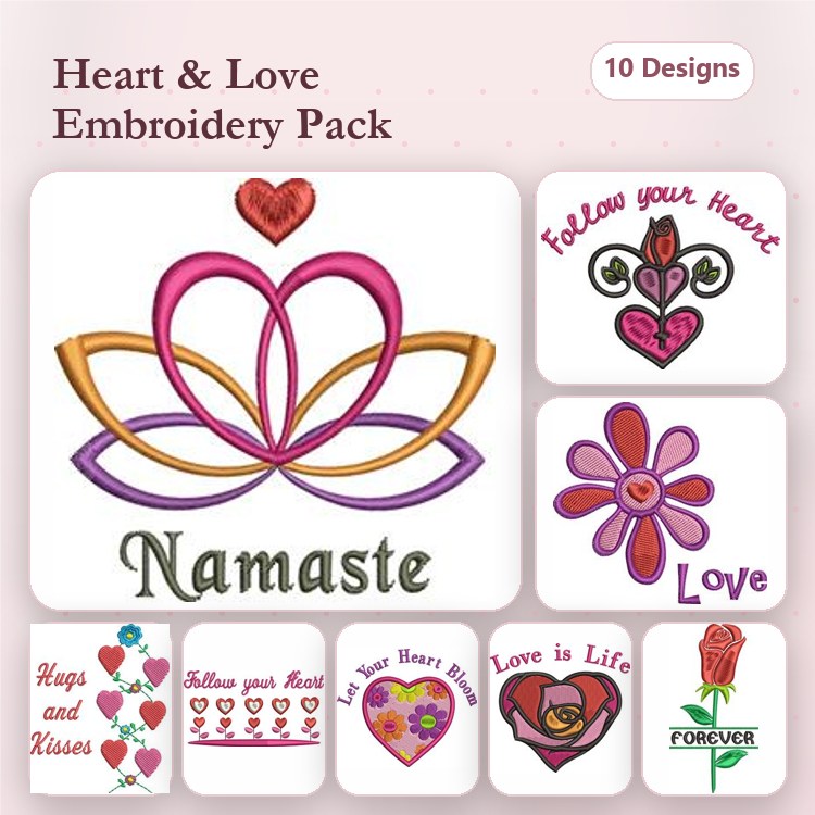 Heart & Love Embroidery Designs Bundle – Namaste, Hugs and Kisses, Rose with Forever Text & More (10 Designs)
