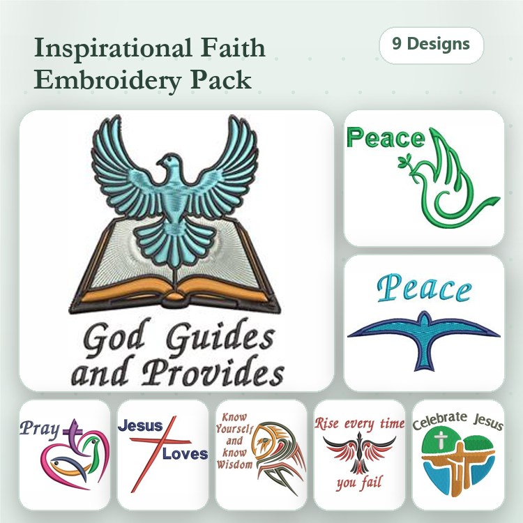 Inspirational Faith Embroidery Designs Bundle – Dove with Book, Peace Symbol, Jesus Loves & More (9 Designs)