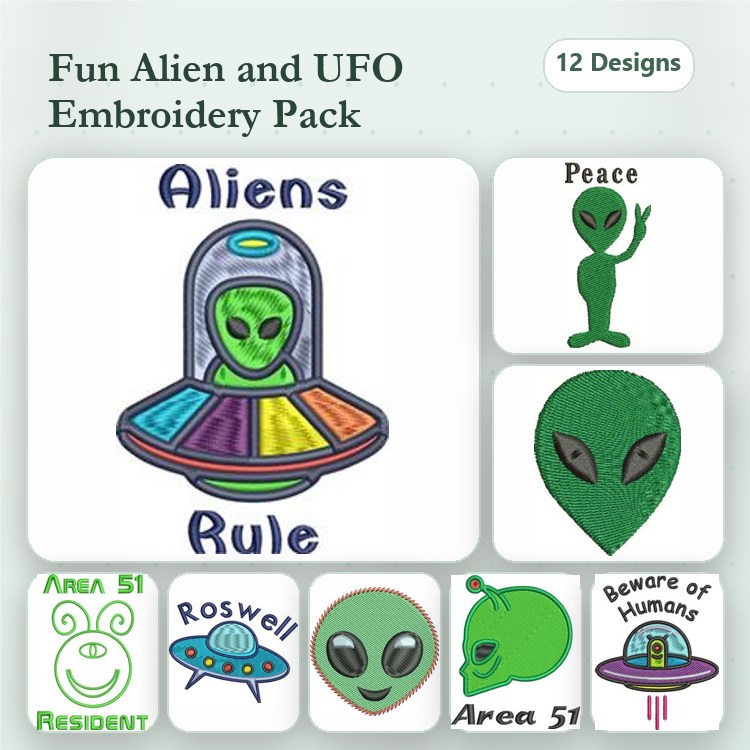 Aliens and UFOs Embroidery Designs Bundle – Alien in Spaceship, Peace Alien, Beware of Humans & More (12 Designs)