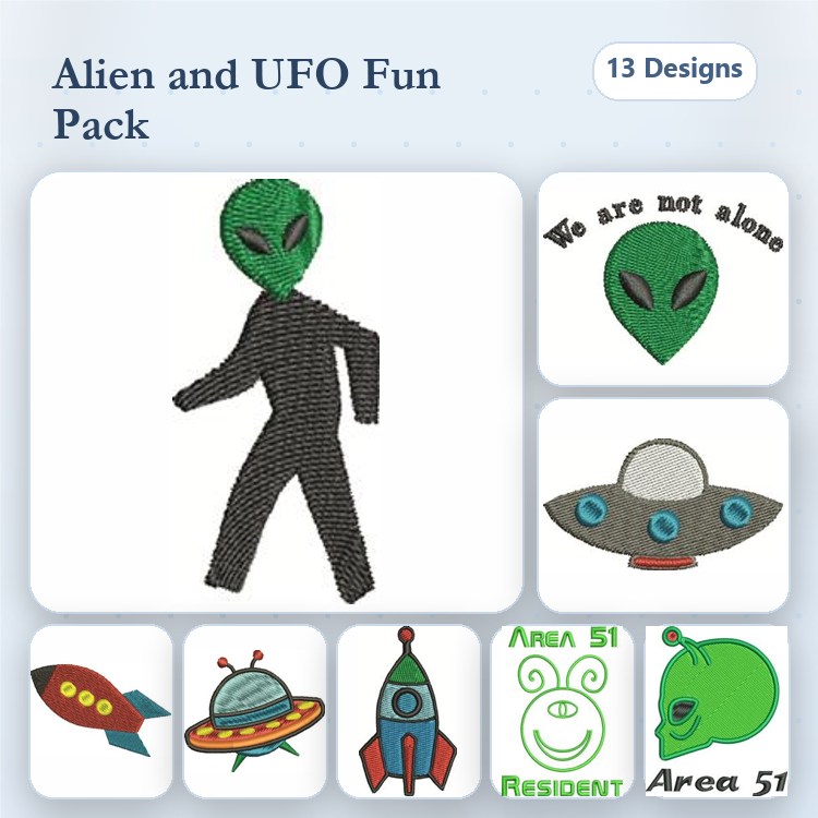 Aliens & UFOs Embroidery Designs Bundle – Alien Character, UFO, Rocket Ship, We Are Not Alone & More (13 Designs)