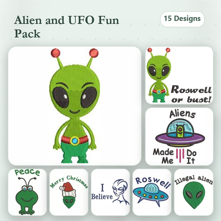 Aliens & UFOs Christmas Embroidery Bundle – Green Alien Character, Roswell or Bust Quote, Merry Christmas Alien & More (15 Designs)