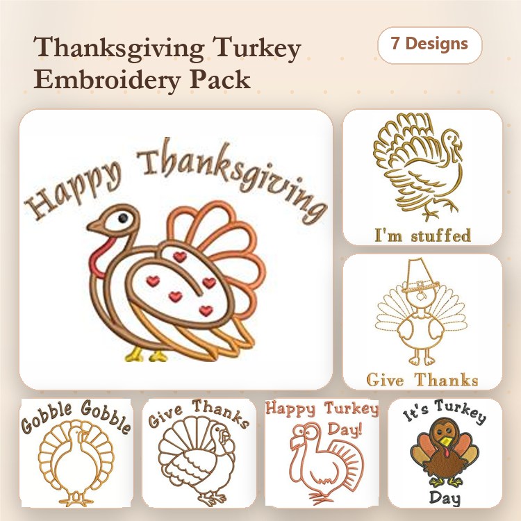 Thanksgiving Turkey Embroidery Designs Bundle – Happy Thanksgiving Turkey, I'm Stuffed Turkey, Gobble Gobble Turkey & More (7 Designs)
