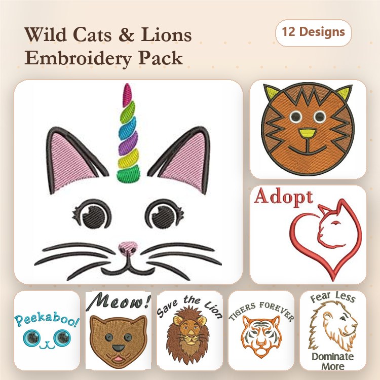 Wild Cats Embroidery Designs Bundle – Unicorn Cat, Tiger Face, Lion Face & More (12 Designs)