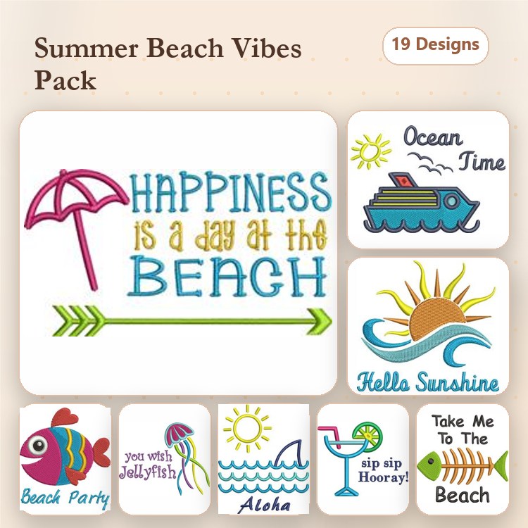 Beach-themed Embroidery Designs Bundle – Beach Party, Ocean Time, Sunshine & More (19 Designs)