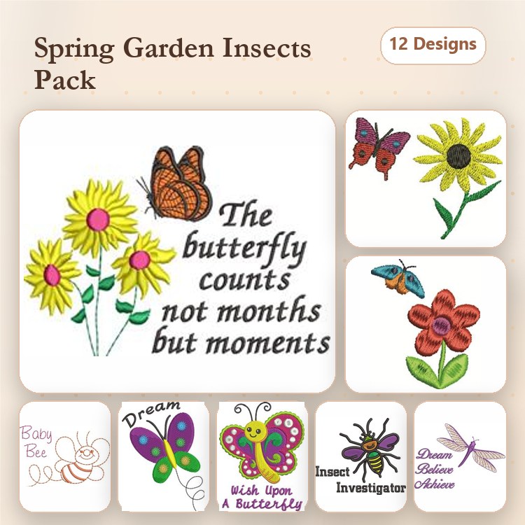 Spring Garden Embroidery Designs Bundle – Butterfly, Sunflower, Bee & More (12 Designs)