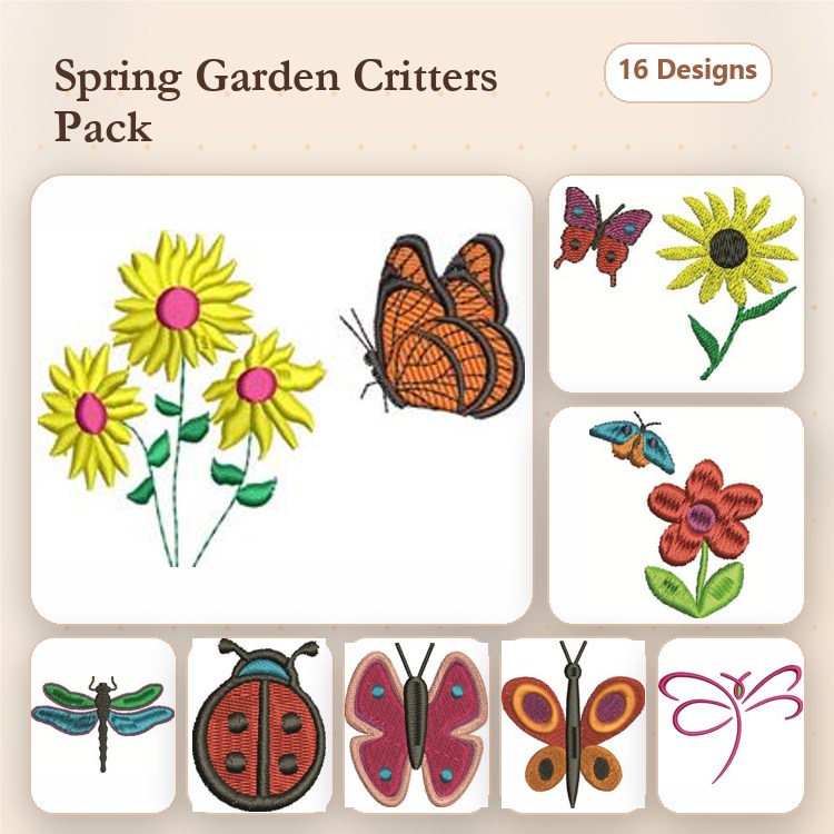 Spring Garden Embroidery Designs Bundle – Sunflower Bouquet, Monarch Butterfly, Ladybug & More (16 Designs)