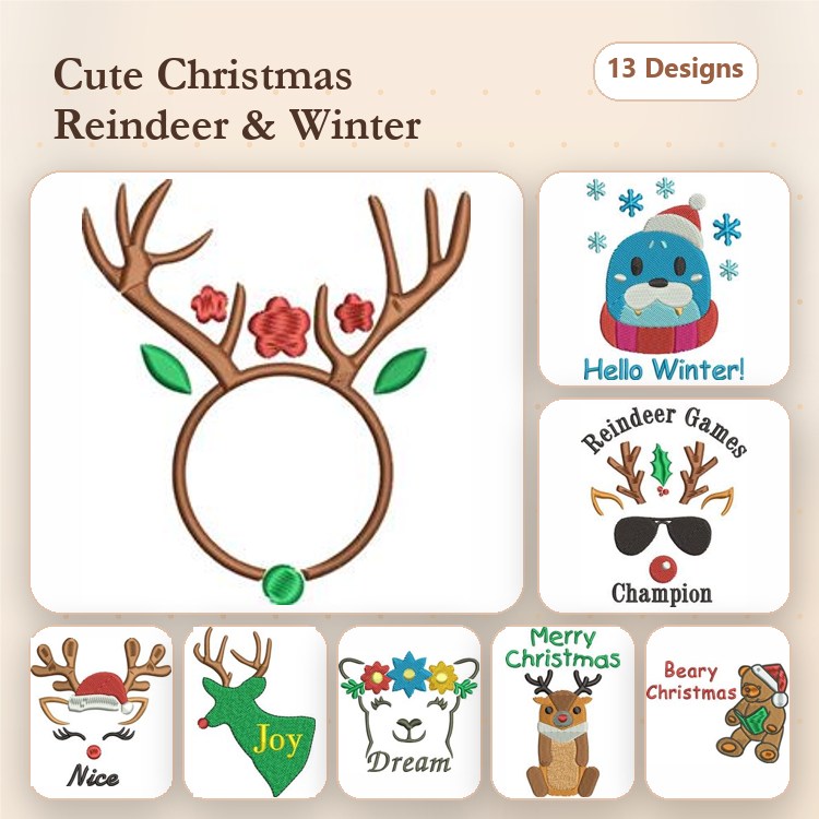 Christmas Winter Embroidery Designs Bundle – Reindeer Antlers, Winter Penguin, Christmas Bear & More (13 Designs)