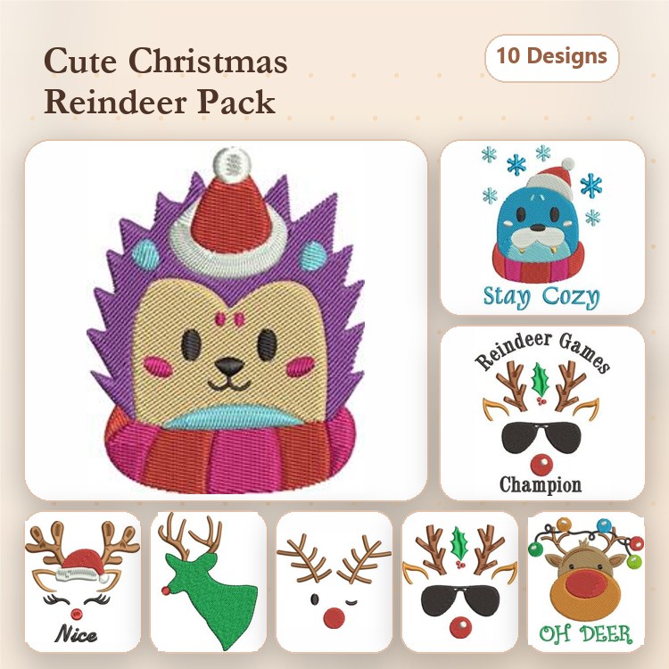 Cute Christmas Reindeer Embroidery Designs Bundle – Hedgehog in Santa Hat, Reindeer Face with Glasses & More (10 Designs)