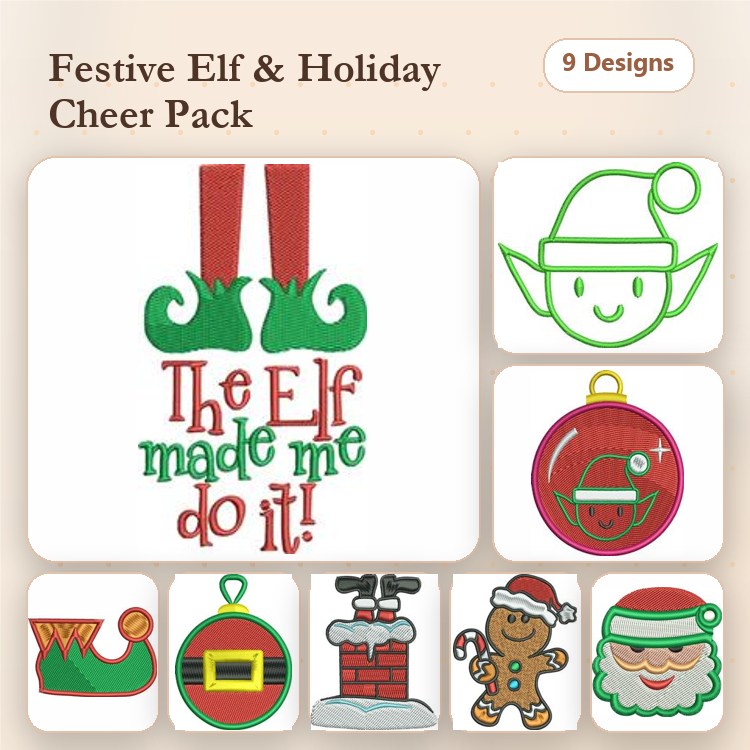 Festive Elf & Holiday Embroidery Designs Bundle – Elf Hat, Elf Legs, Santa Face & More (9 Designs)