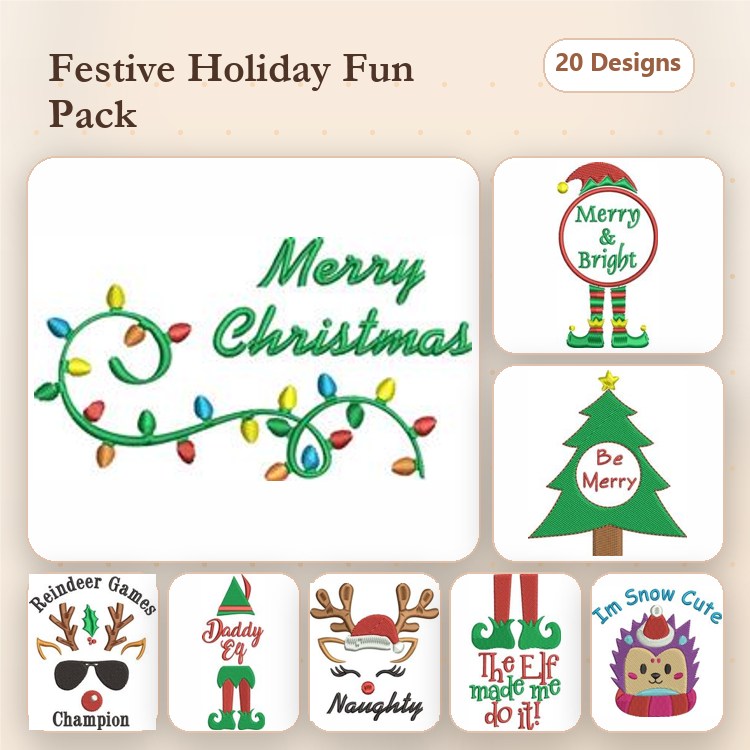 Festive Holiday Embroidery Designs Bundle – Merry Christmas Lights, Reindeer Games Champion, & More (20 Designs)