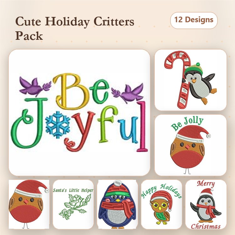 Holiday Animals Embroidery Designs Bundle – Penguin, Snowman, Joyful Robin & More (12 Designs)